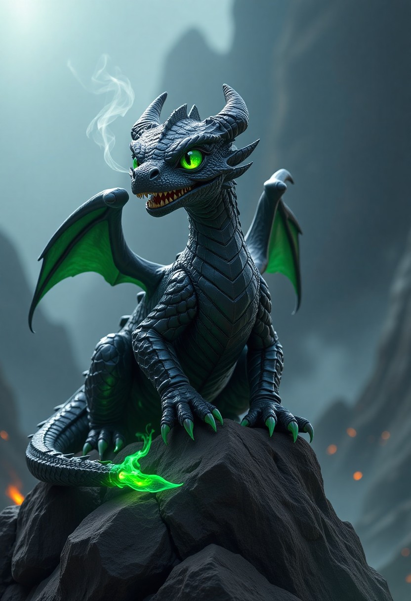 Young Black Dragon with Glowing Green Eyes and Tail Flame