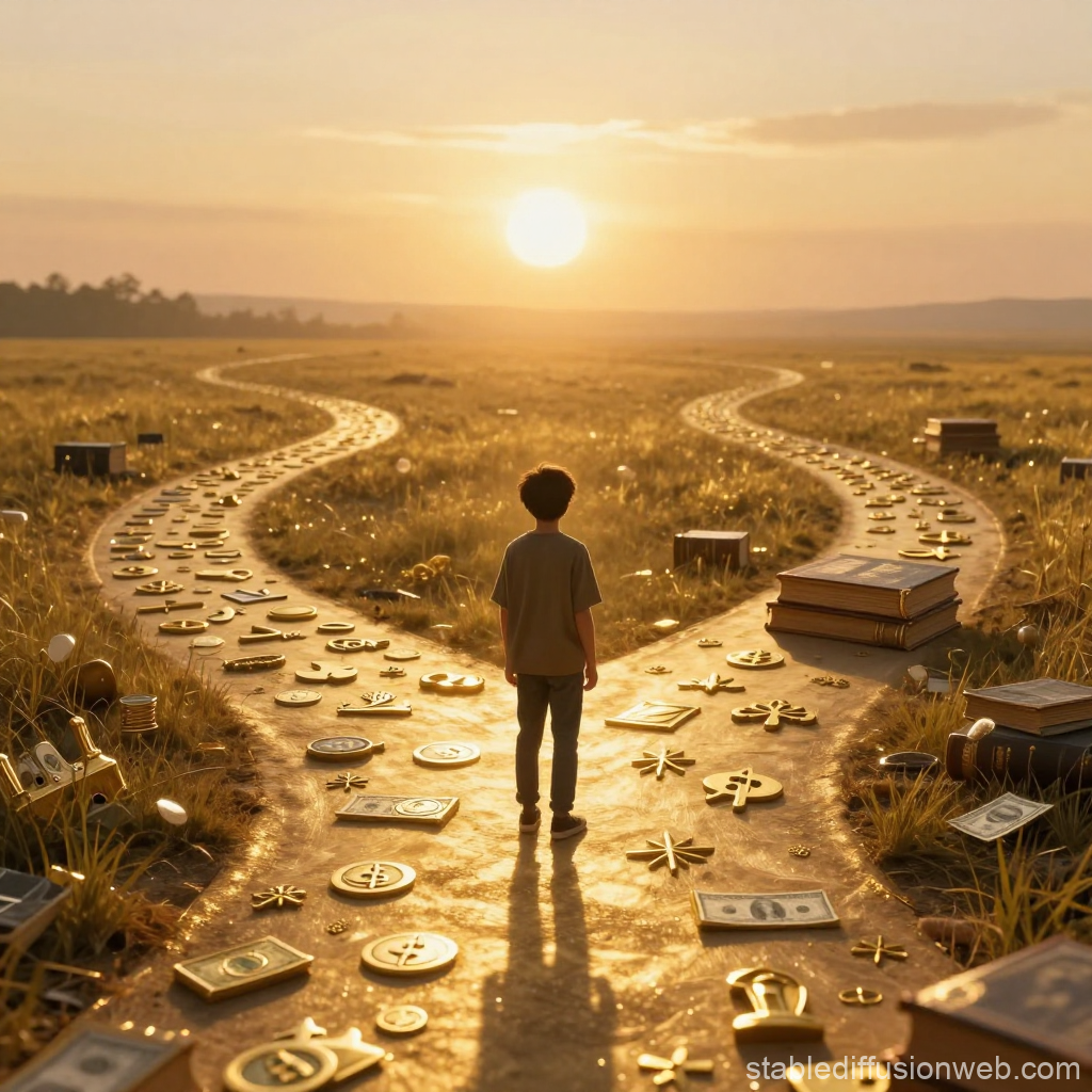 Young Boy Choosing His Path at Sunset