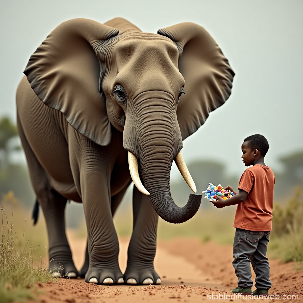Young Boy Offering Toys to a Gentle Elephant