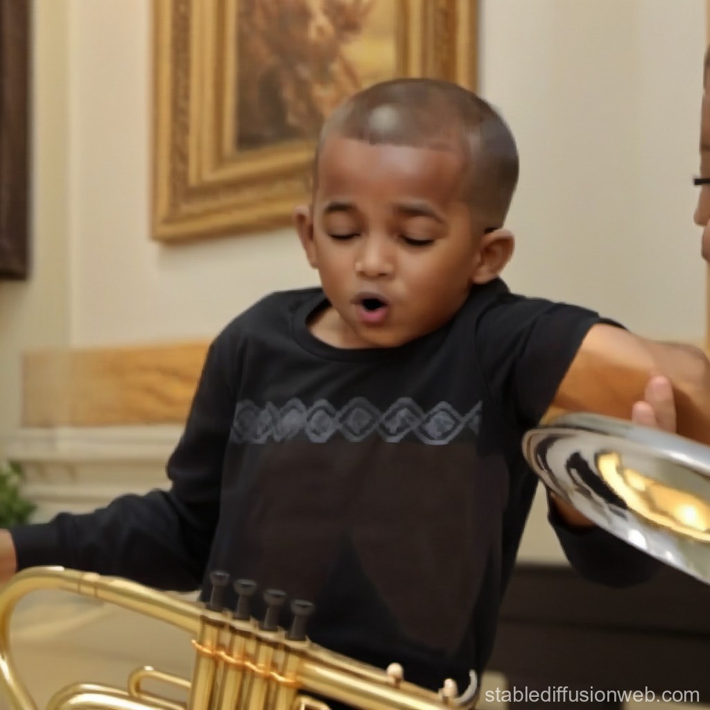 Young Boy Playing Trumpet with Enthusiasm Indoors