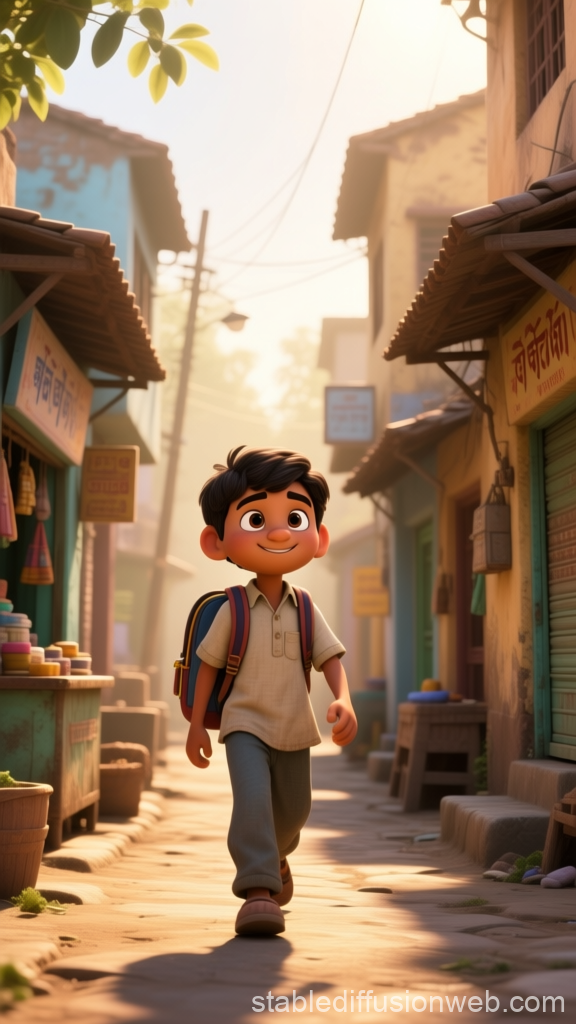 Young Boy Walking Through a Sunny Village Street