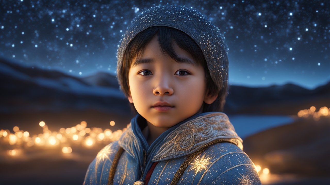 Young Child in Starry Night with Ornate Winter Clothing