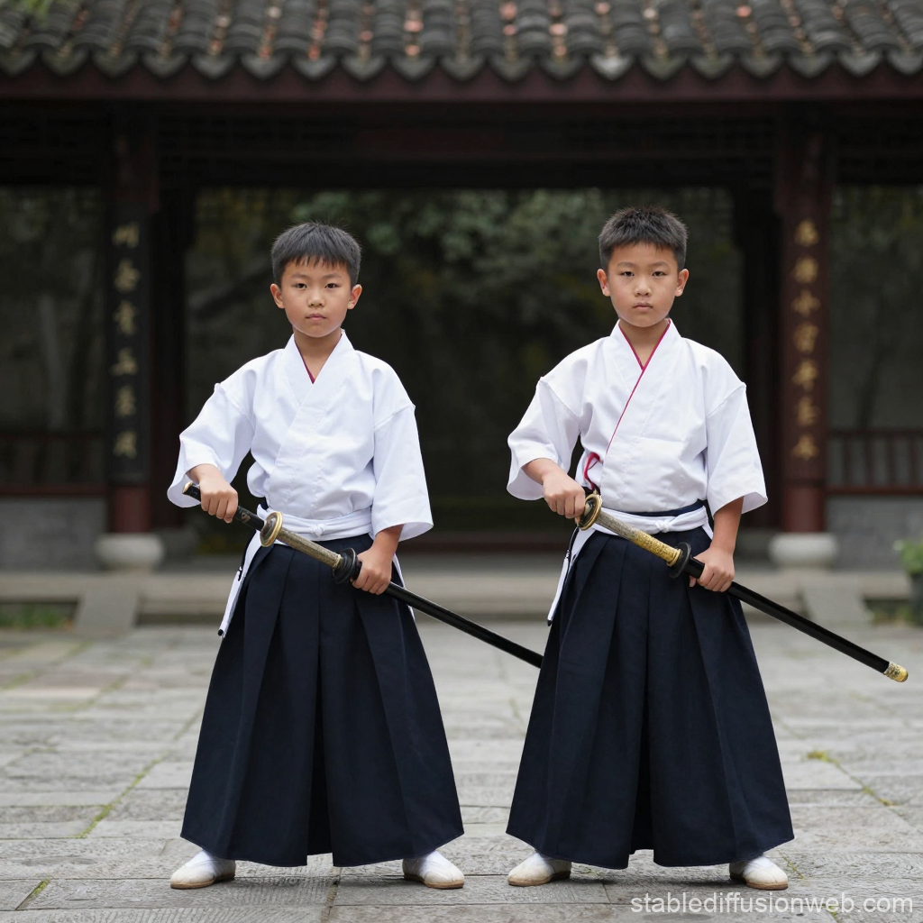 Young Chinese Swordsmen in Traditional Attire
