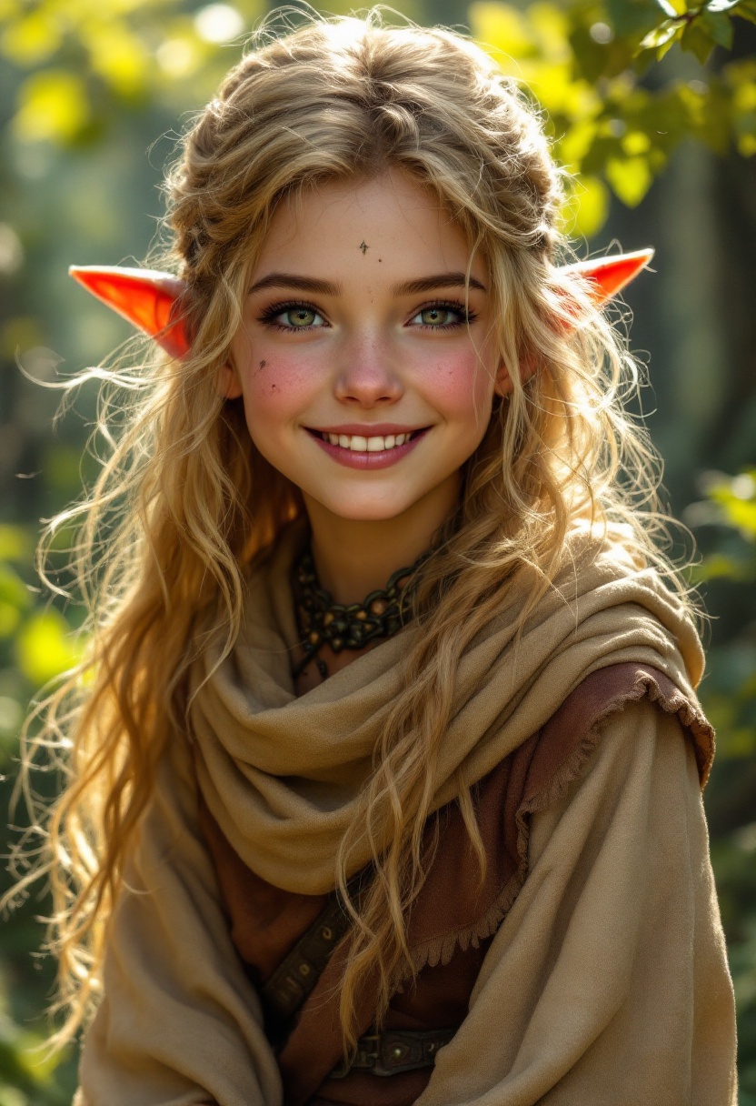 Young Elf Druid with Radiant Smile in Forest