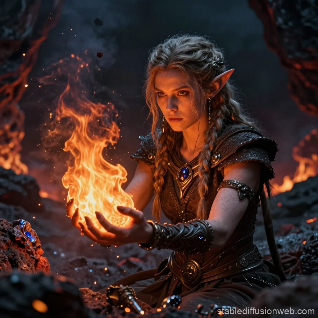 Young Elf Sorceress Summoning Fire Magic