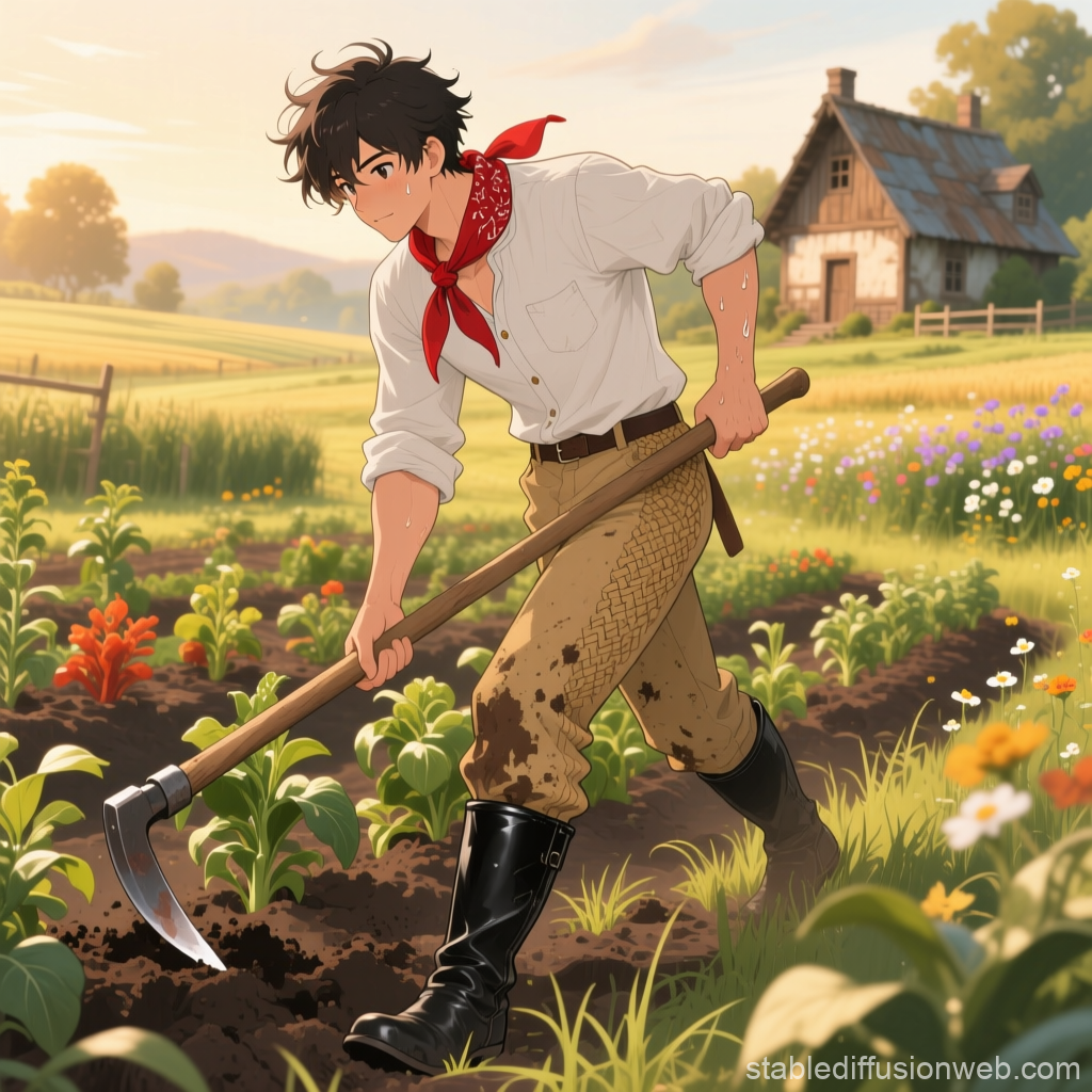 Young Farmer Working in a Sunny Garden
