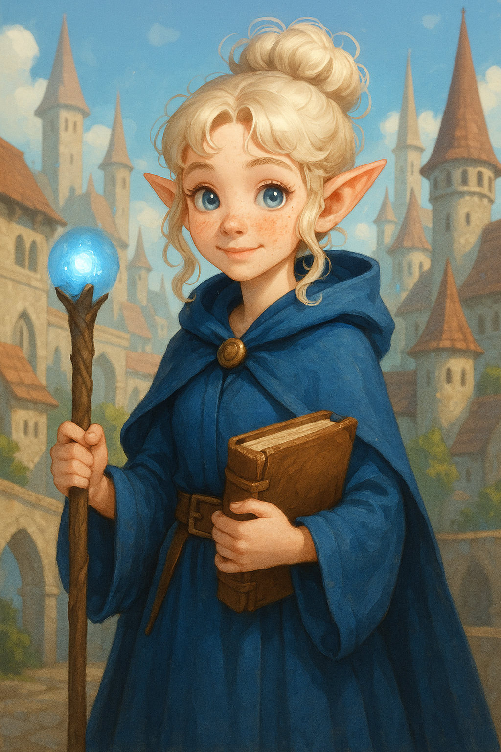Young Female Elf Wizard in Blue Cloak
