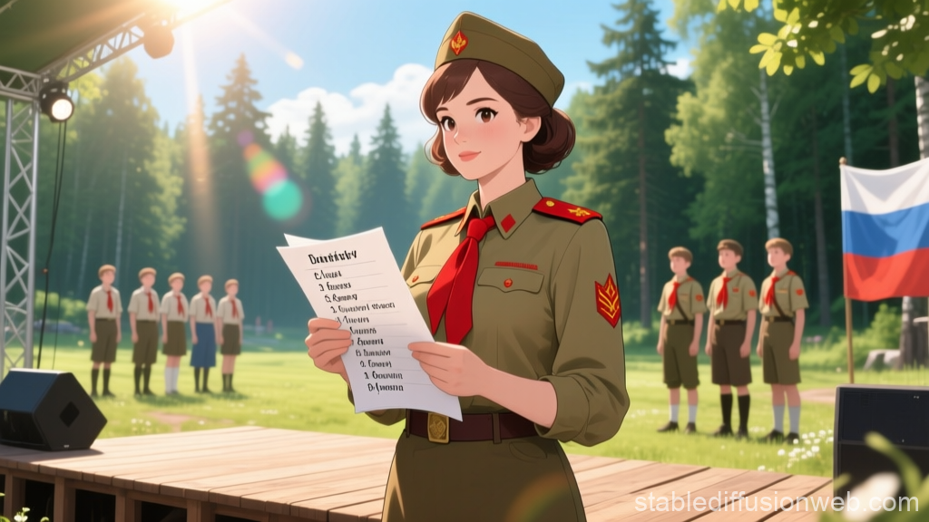 Young Female Scout Leader Reading on Outdoor Stage