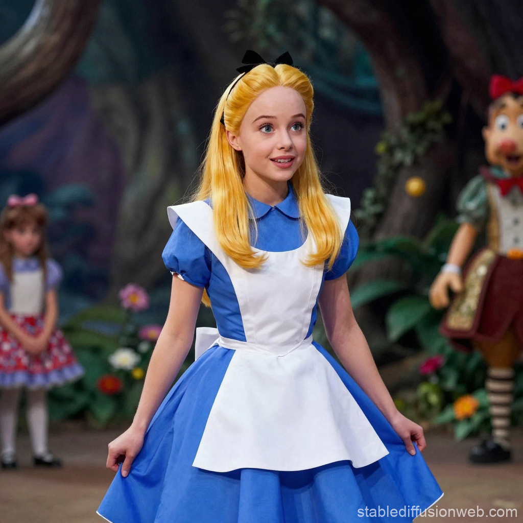 Young Girl in Classic Alice Costume in Fantasy Forest
