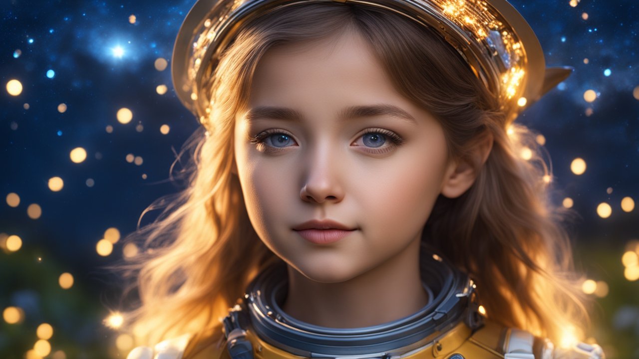 Young Girl in Illuminated Space Suit with Starry Background