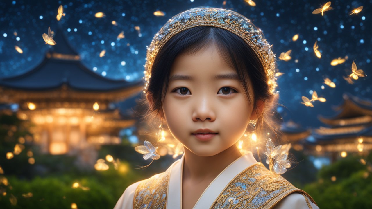 Young Girl in Traditional Attire with Glowing Butterflies at Night