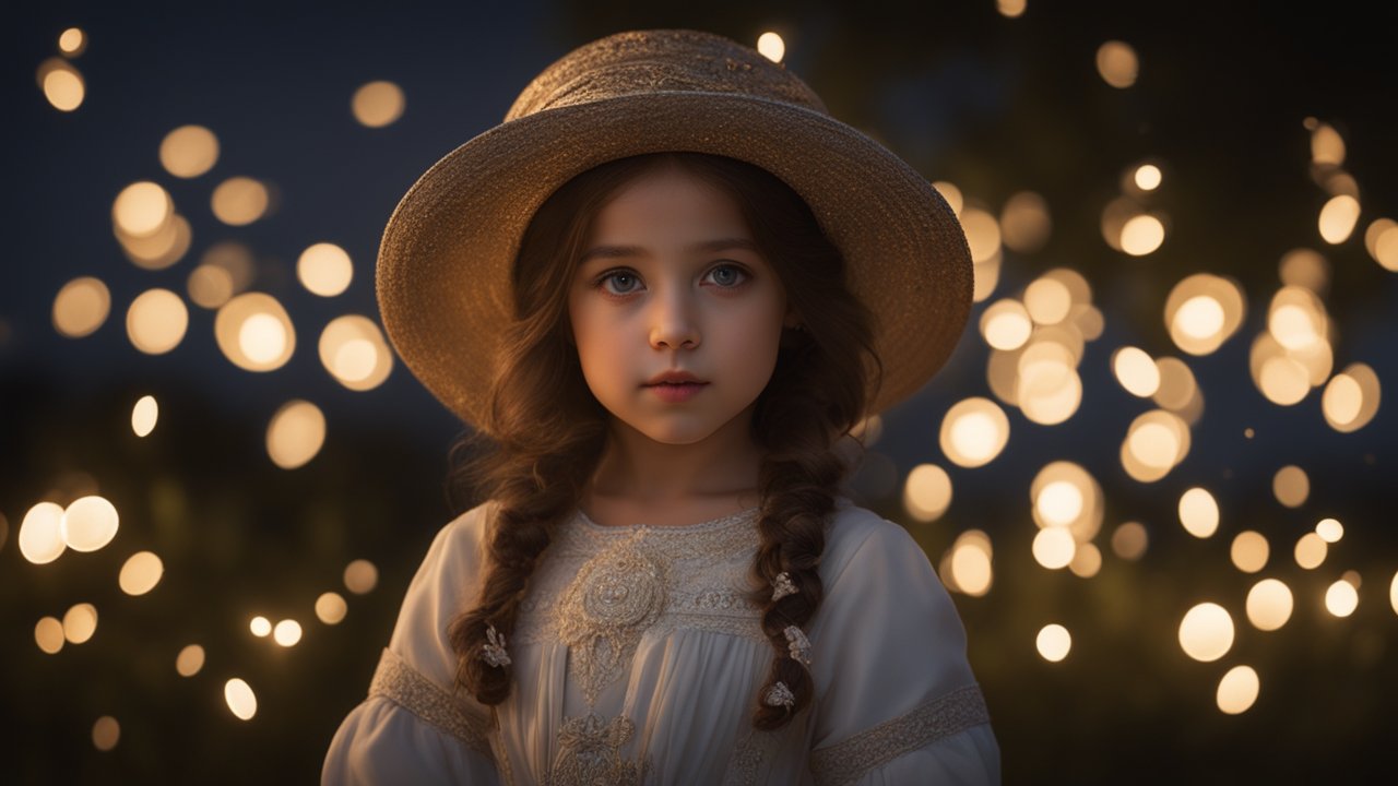 Young Girl in Vintage Dress and Straw Hat with Bokeh Lights
