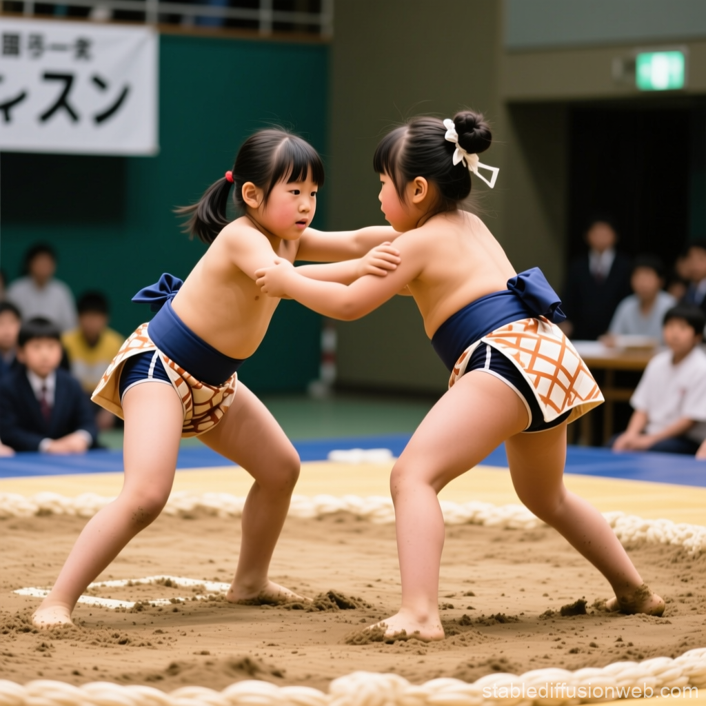 Young Girls Engaged in Traditional Sumo Wrestling Match