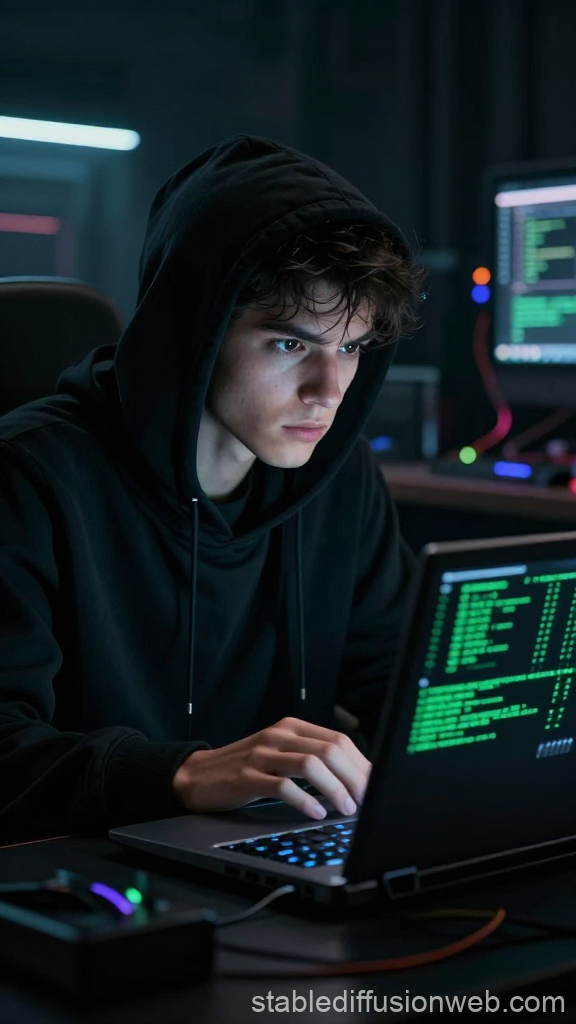 Young Hacker Focused on Coding in Dark Room