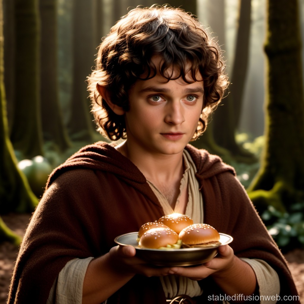 Young Hobbit Offering Mini Burgers in Enchanted Forest