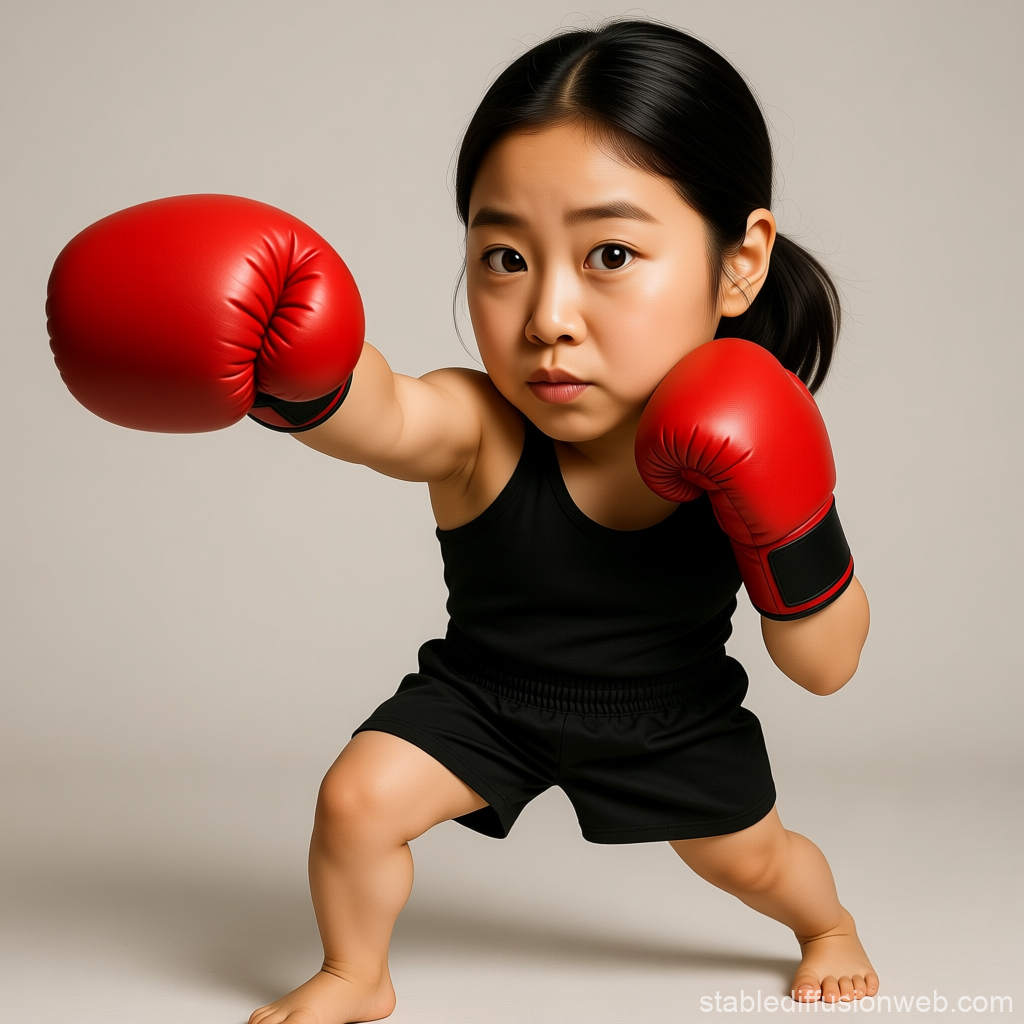 Young Korean Girl in Boxing Stance with Red Gloves