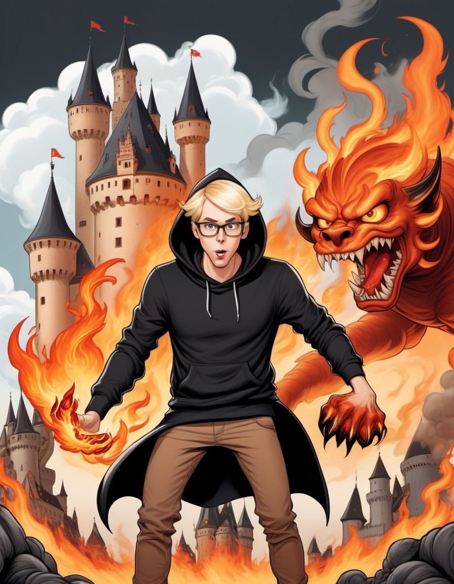 Young Mage Summoning a Fiery Demon in a Burning Castle