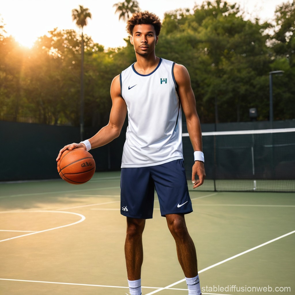 Young Male Basketball Player on Outdoor Court at Sunset