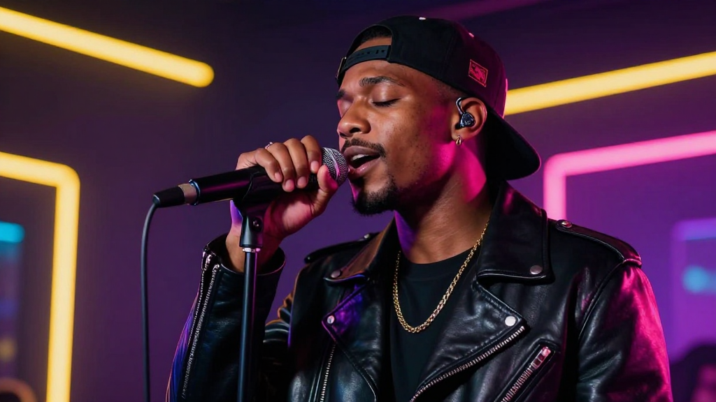 Young Male Singer Performing on Stage with Neon Lights