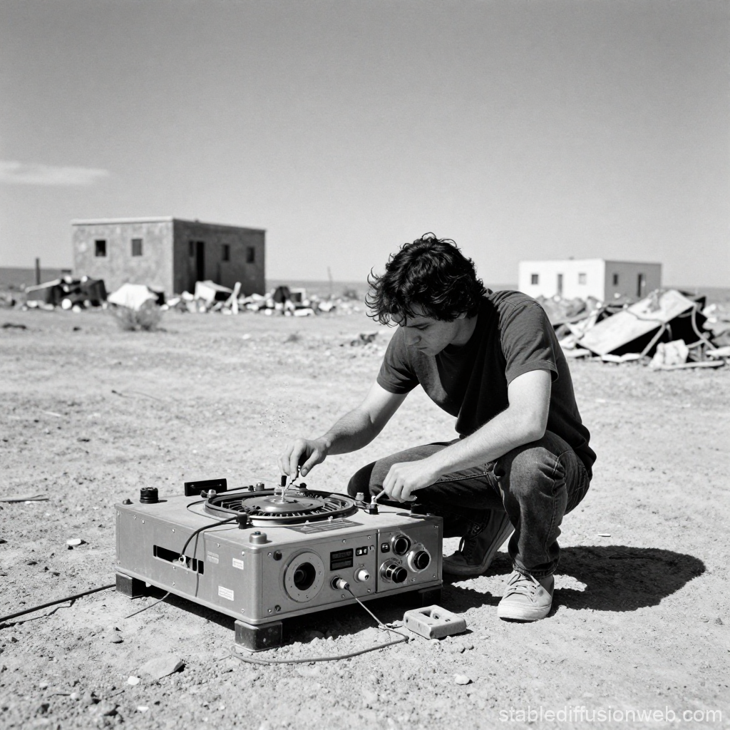 Young Man Adjusting Vintage Equipment in Desert