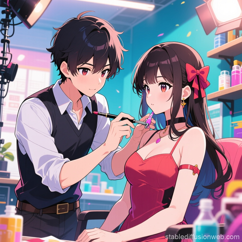 Young Man Applying Lipstick to Woman in Vibrant Anime Style