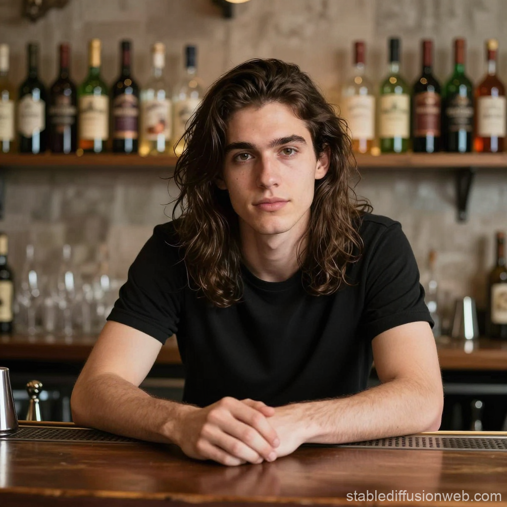 Young Man Behind Bar with Bottles in Background