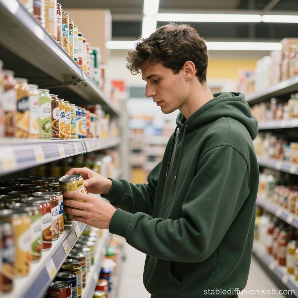 Young Man Choosing a Can in Grocery Store Aisle