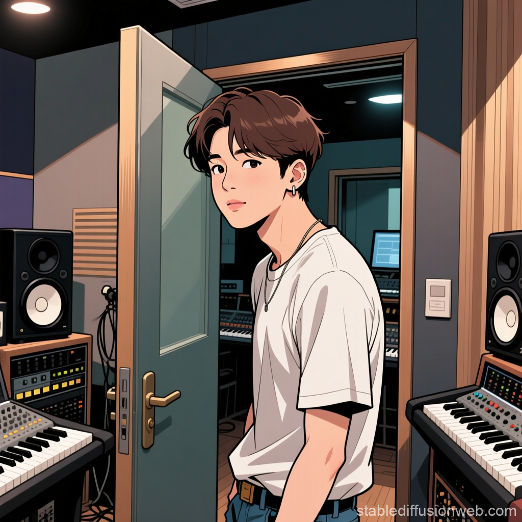 Young Man Entering Music Studio in Anime Style