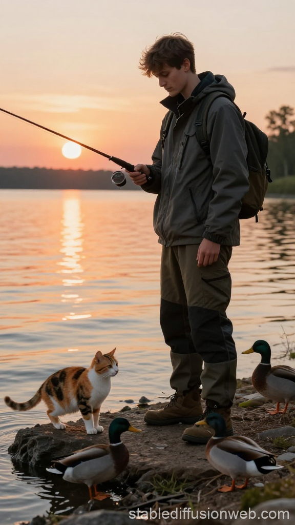 Young Man Fishing by the Lake with Cat and Ducks at Sunset