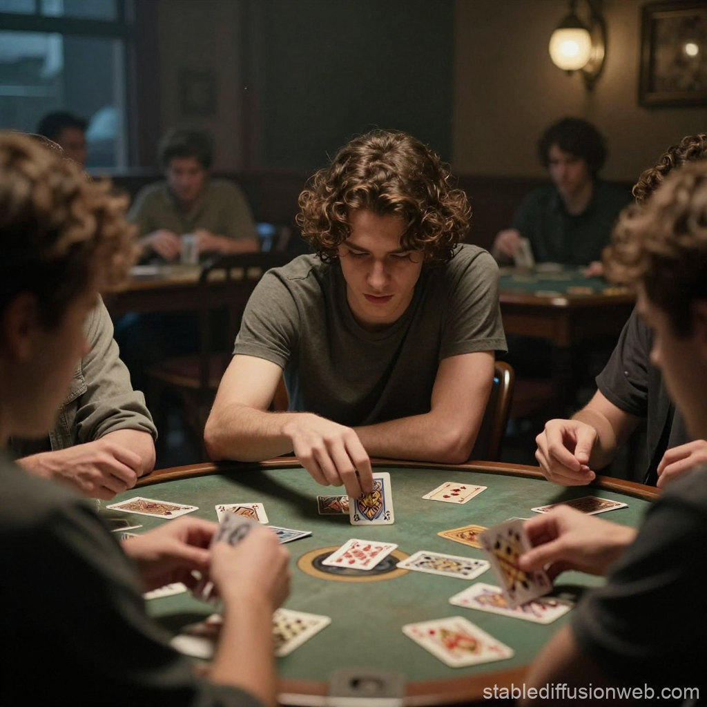 Young Man Focused on Card Game at Round Table