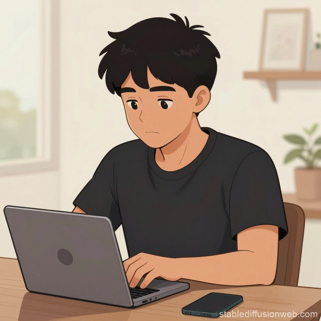 Young Man Focused on Laptop in Cozy Room