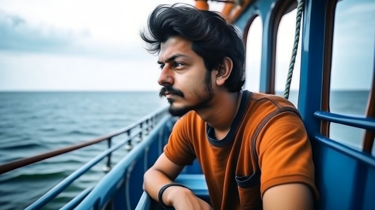 Young Man Gazing Over Ocean from Boat