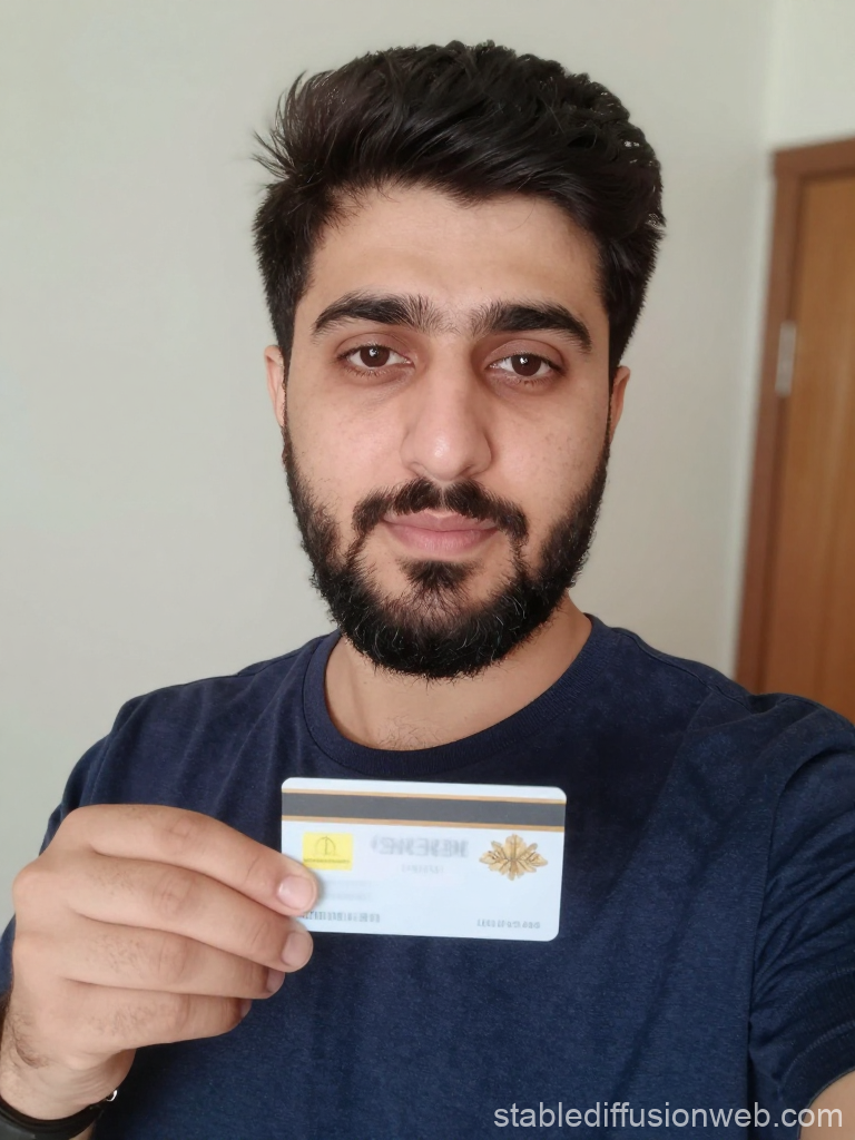 Young Man Holding Card in Home Selfie