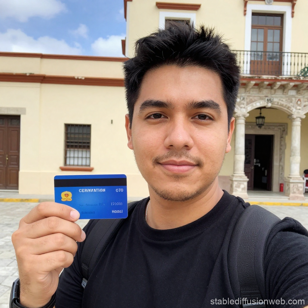 Young Man Holding Identification Card Outdoors