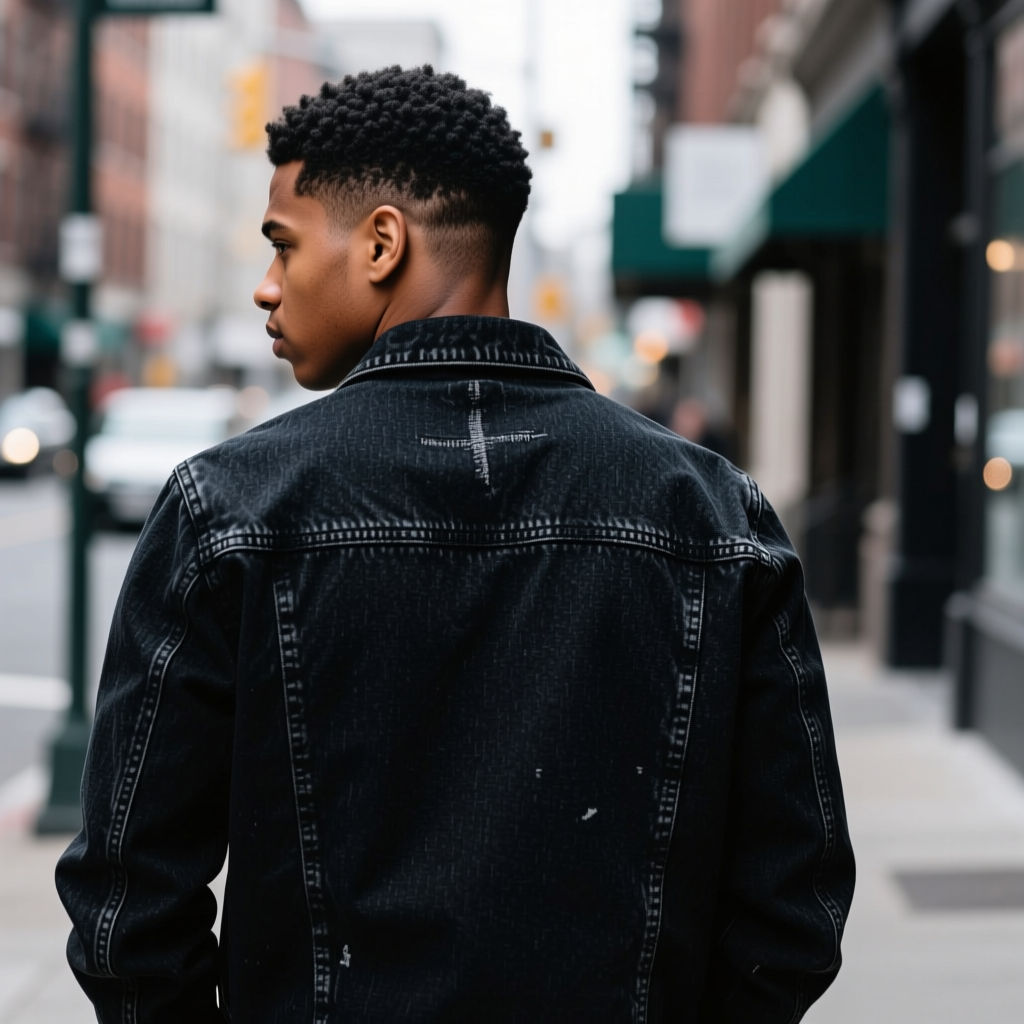 Young Man in Black Denim Jacket on Urban Street