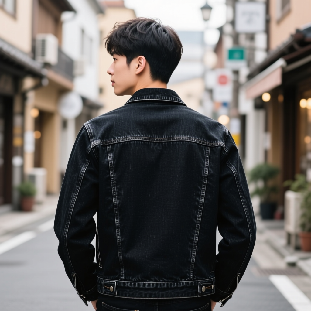 Young Man in Black Denim Jacket on Urban Street