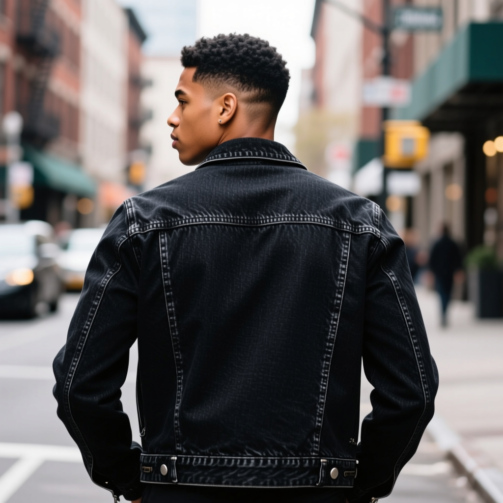 Young Man in Black Denim Jacket on Urban Street