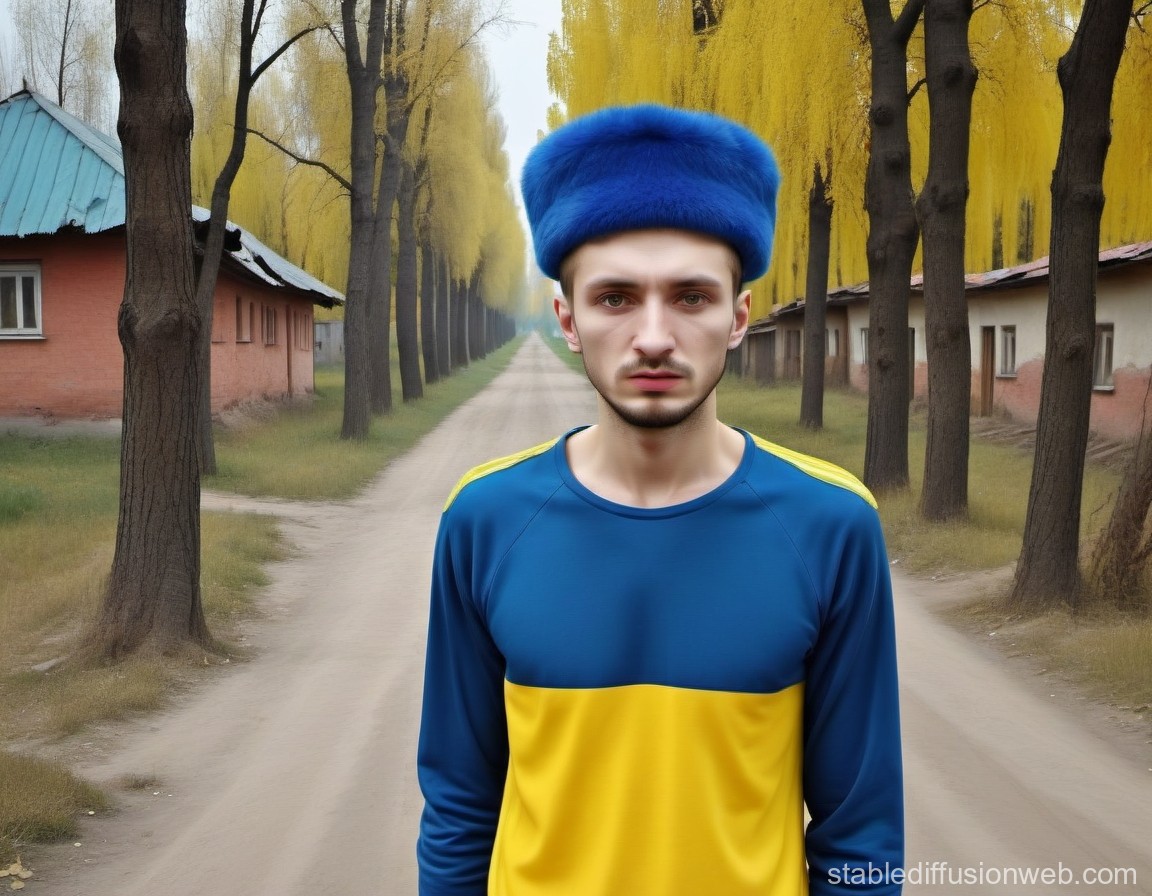Young Man in Blue and Yellow Outfit on Tree-Lined Path