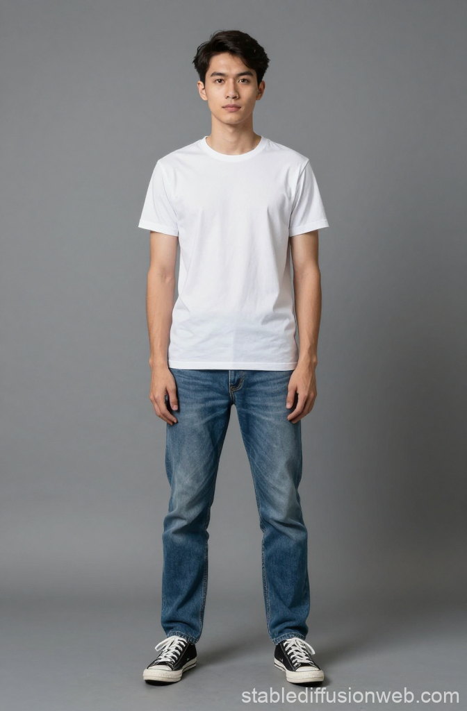 Young Man in Casual White T-Shirt and Jeans