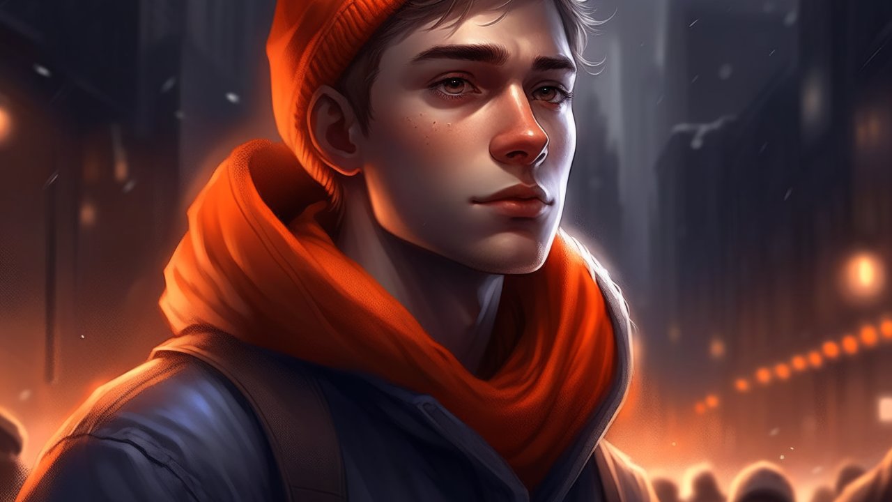 Young Man in Orange Beanie and Scarf in Cityscape
