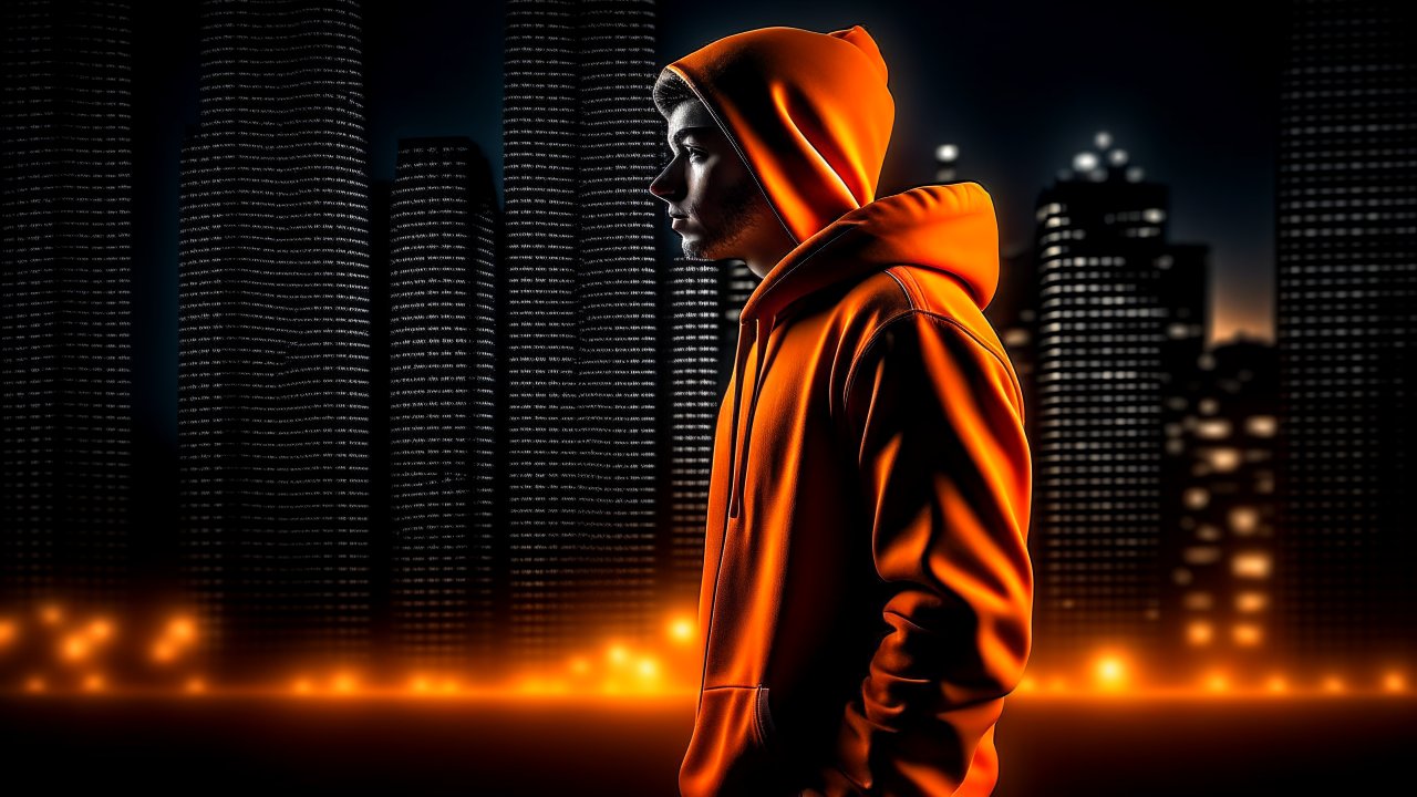 Young Man in Orange Hoodie Against Night Cityscape