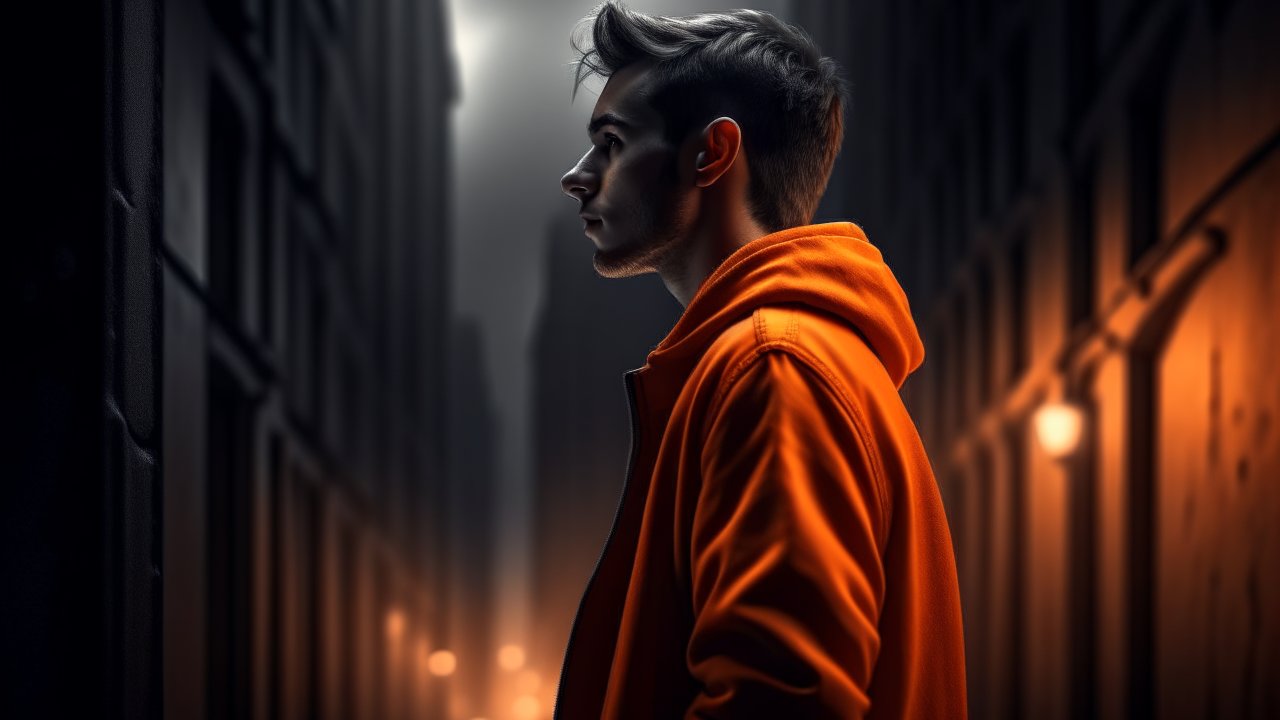 Young Man in Orange Hoodie Standing in Dimly Lit Alley