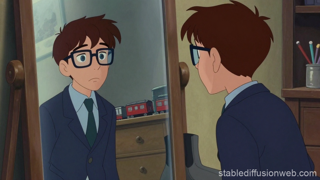 Young Man in Suit Reflecting in Mirror