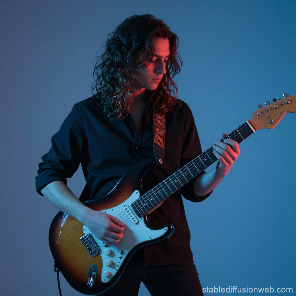 Young Man Playing Electric Guitar in Blue Lighting