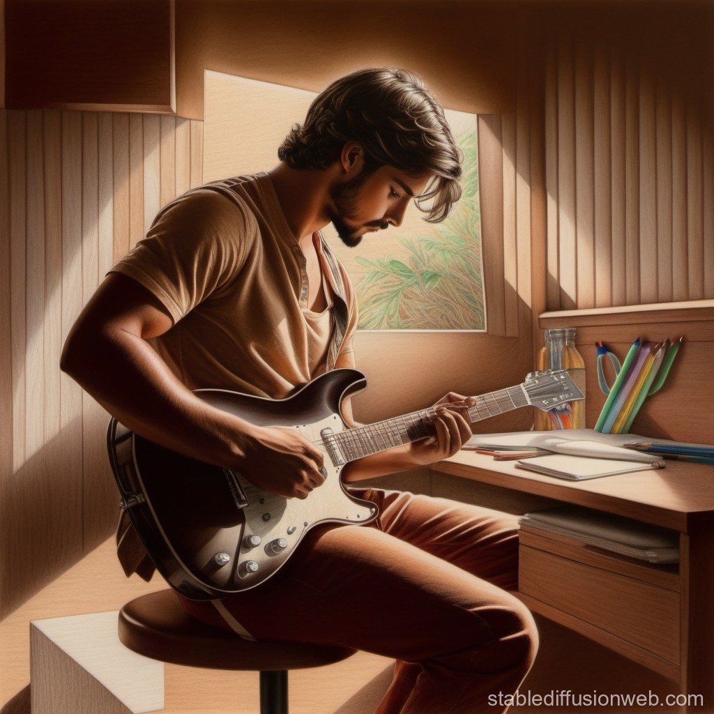 Young Man Playing Electric Guitar in Cozy Wooden Room