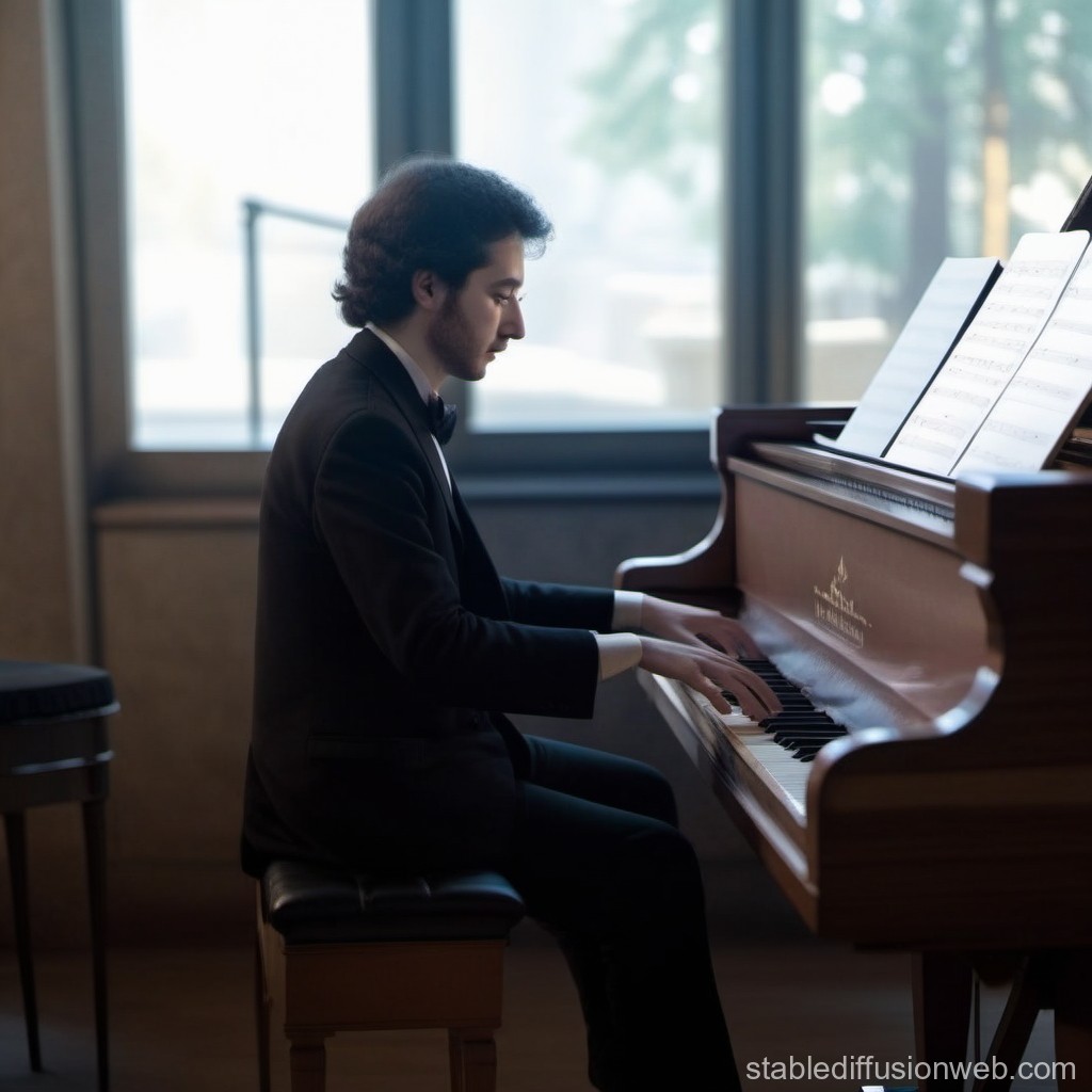 Young Man Playing Piano in Elegant Setting