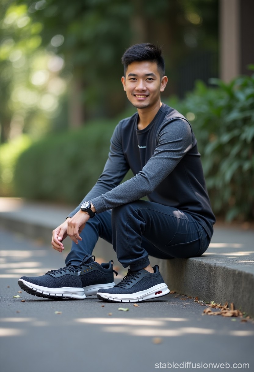 Young Man Sitting Outdoors in Casual Sportswear