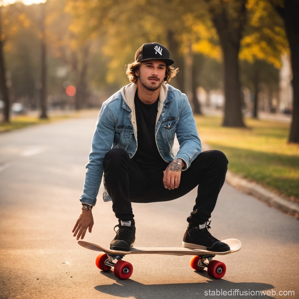 Young Man Skateboarding on a Tree-Lined Path