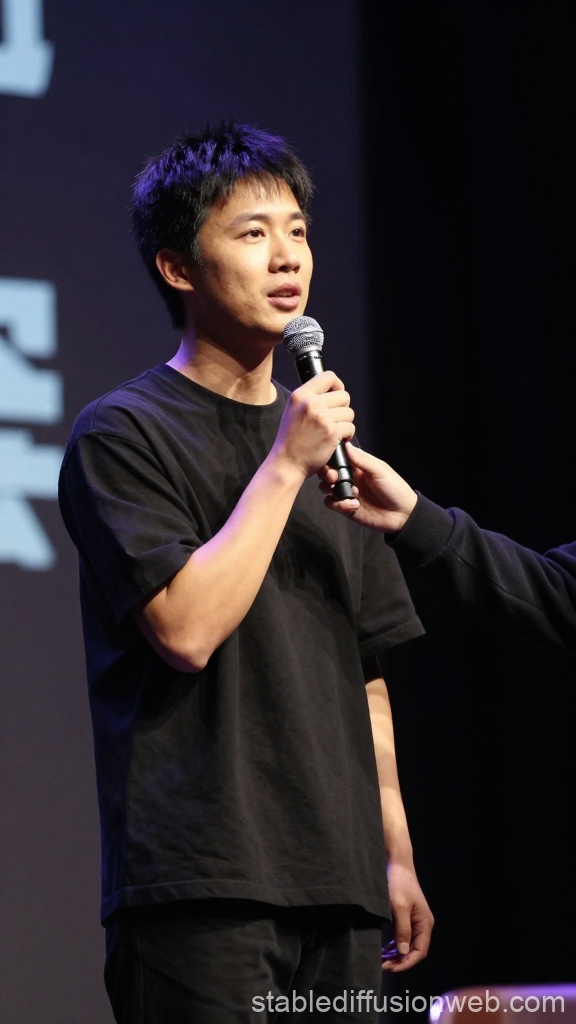 Young Man Speaking on Stage with Microphone