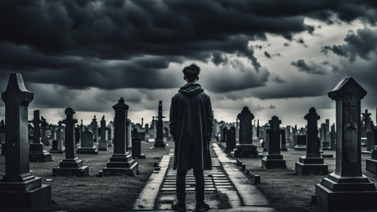 Young Man Standing Alone in a Moody Cemetery